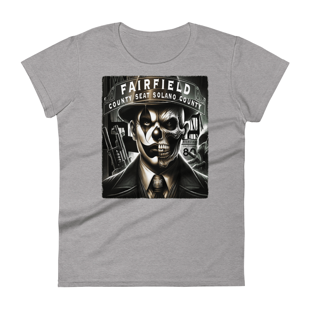 Grey t-shirt with a bold graphic of a skull-faced figure in a suit, titled "Fairfield County Seat Solano County," showcasing Deadpan Couture's edgy streetwear style.