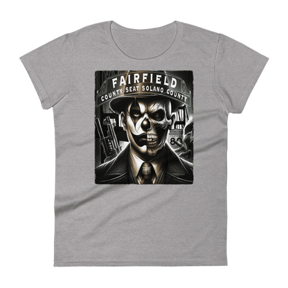 Grey t-shirt with a bold graphic of a skull-faced figure in a suit, titled "Fairfield County Seat Solano County," showcasing Deadpan Couture's edgy streetwear style.