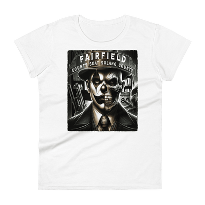 White t-shirt with a bold graphic of a skull-faced figure in a suit, titled "Fairfield County Seat Solano County," showcasing Deadpan Couture's edgy streetwear style.