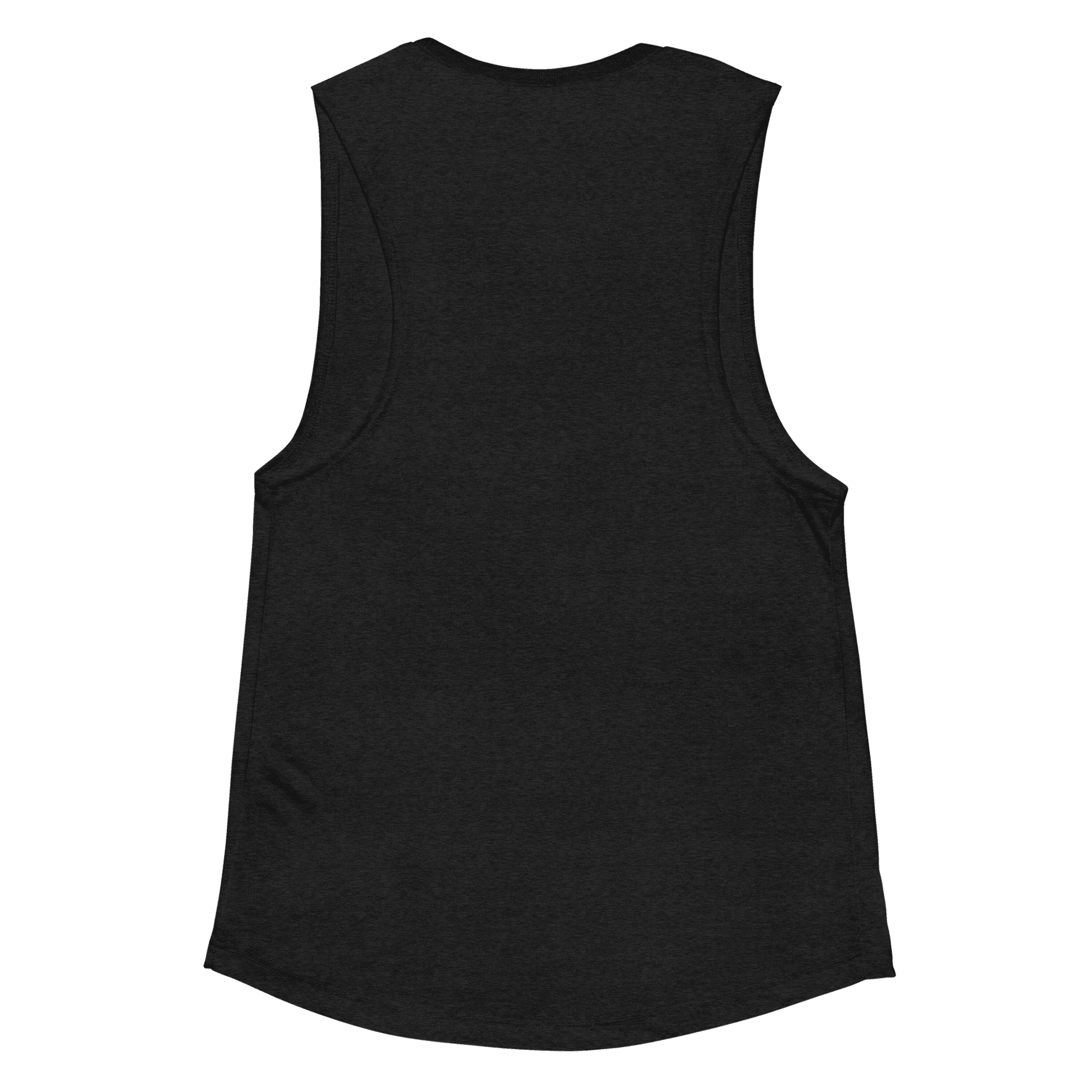 Back view of women's vintage black racerback tank top, showcasing the simple and stylish racerback design.