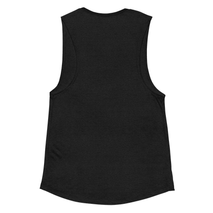 Back view of women's vintage black racerback tank top, showcasing the simple and stylish racerback design.