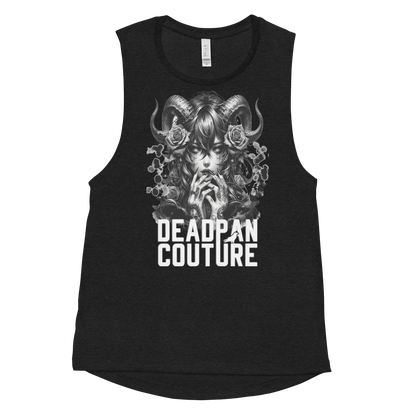 Front view of women's vintage black racerback tank top featuring a woman with ram horns and roses, designed by Deadpan Couture.