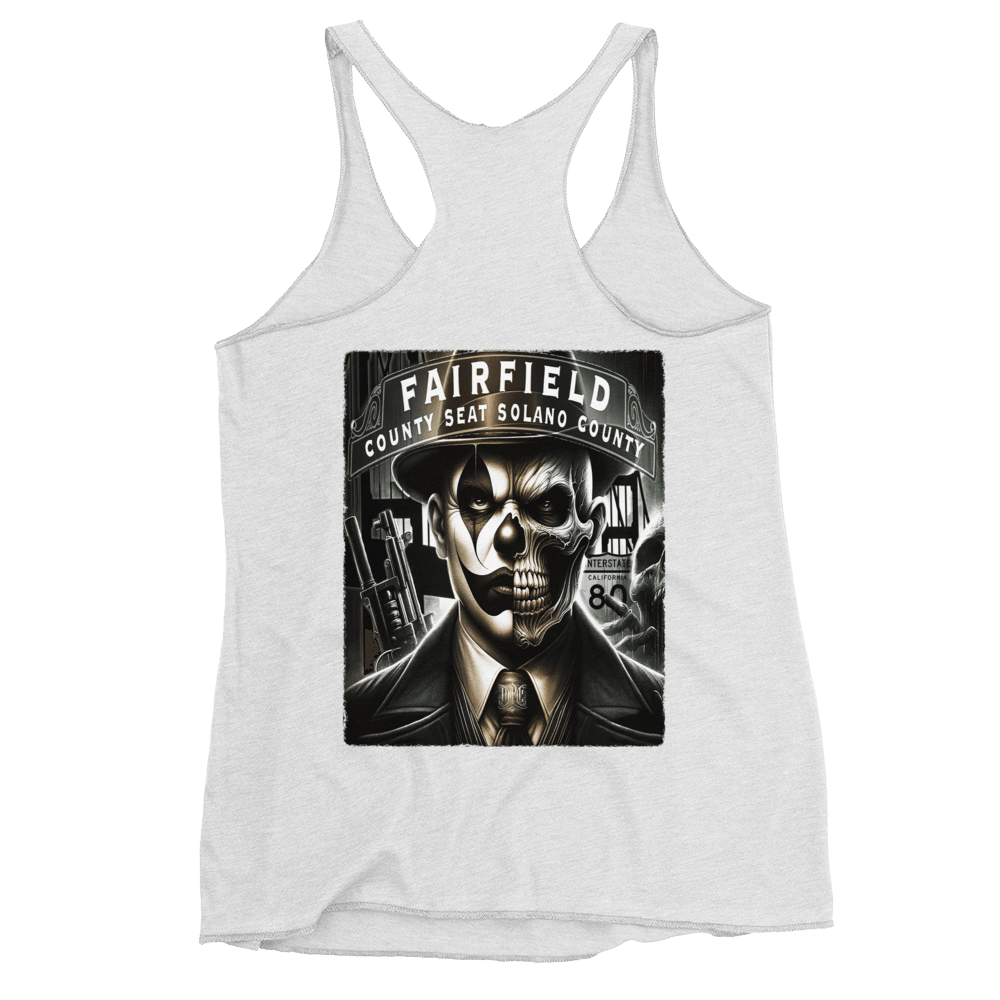 Vintage White racerback tank top with a bold graphic of a skull-faced figure in a suit, titled "Fairfield County Seat Solano County," showcasing Deadpan Couture's edgy streetwear style.