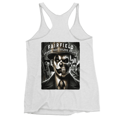 Vintage White racerback tank top with a bold graphic of a skull-faced figure in a suit, titled "Fairfield County Seat Solano County," showcasing Deadpan Couture's edgy streetwear style.