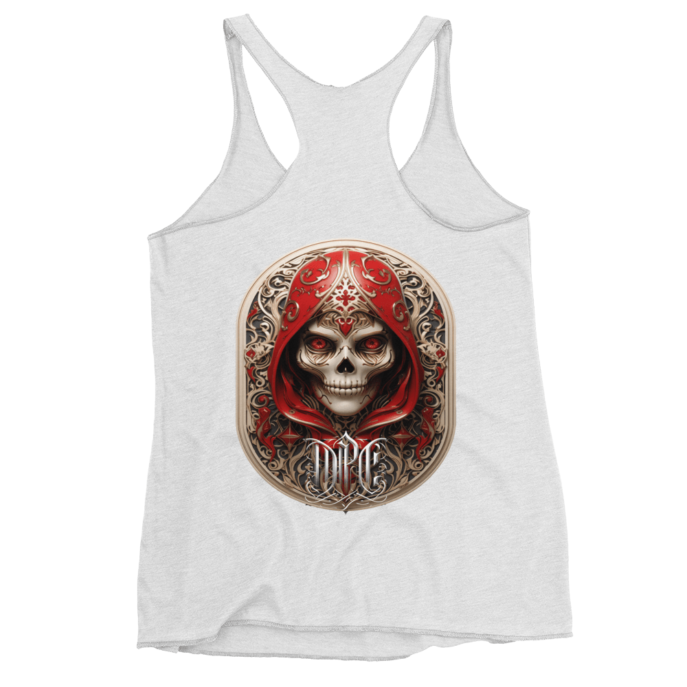 Intricate graphic of a menacing skull adorned with ornate designs and shrouded in a regal red hood, showcasing Deadpan Couture's edgy streetwear style.