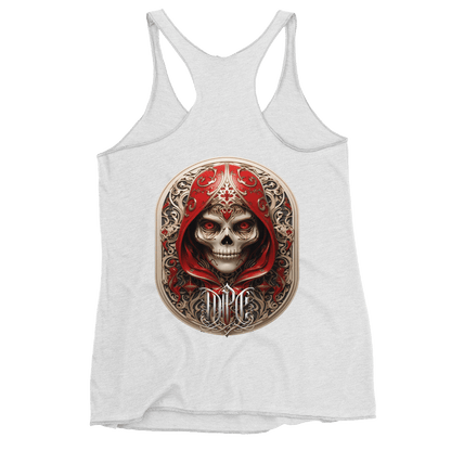 Intricate graphic of a menacing skull adorned with ornate designs and shrouded in a regal red hood, showcasing Deadpan Couture's edgy streetwear style.