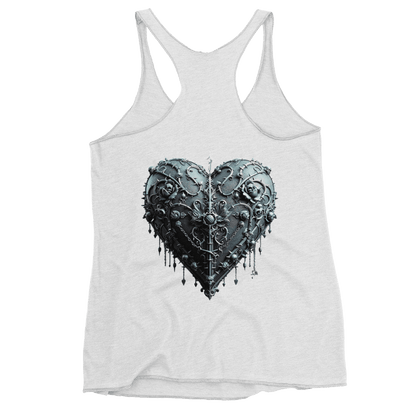 "White women's racerback tank top featuring a detailed, gothic-style heart design with intricate metal filigree and industrial elements."