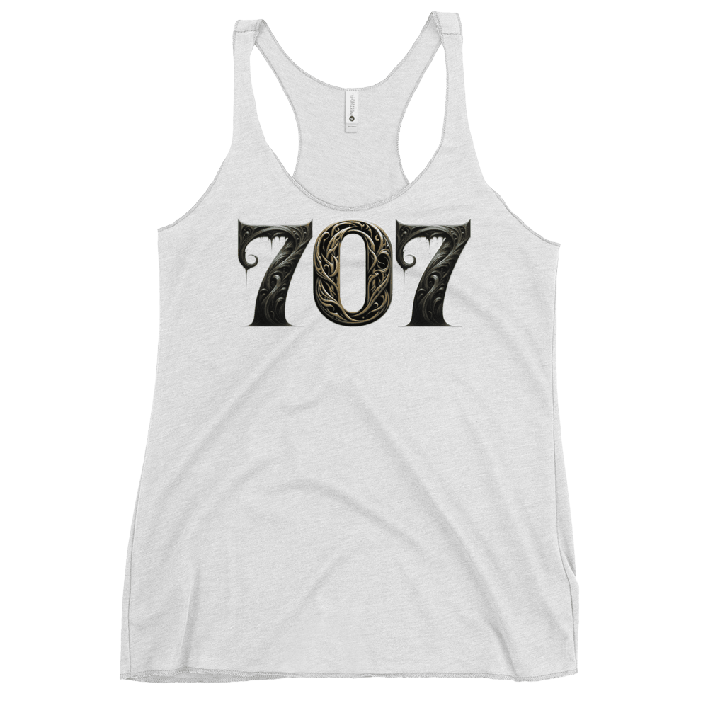 Vintage White racerback tank top featuring a bold "707" graphic on the front, designed with intricate baroque elements, showcasing Deadpan Couture's edgy streetwear style.