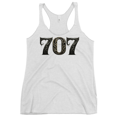 Vintage White racerback tank top featuring a bold "707" graphic on the front, designed with intricate baroque elements, showcasing Deadpan Couture's edgy streetwear style.