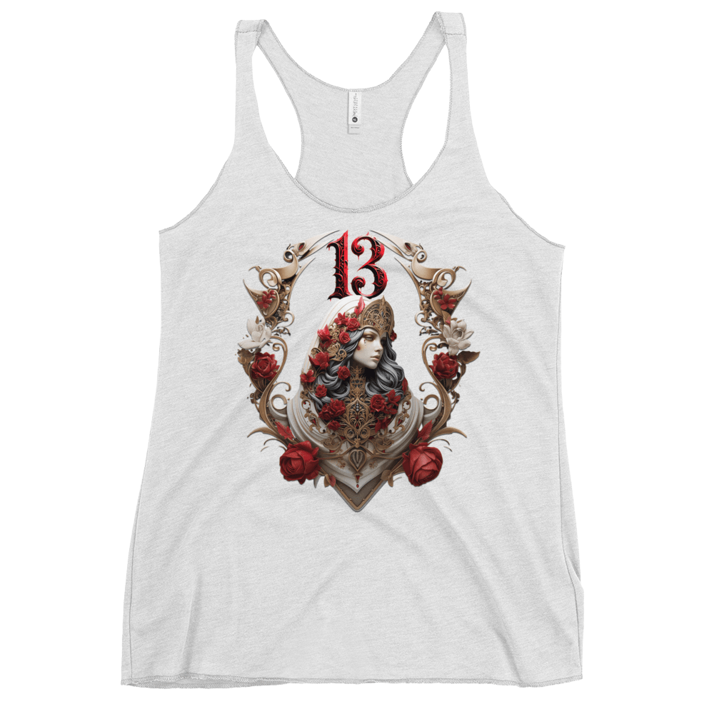 Intricate graphic of a gothic empress adorned with regal headgear, roses, and ornate designs, crowned with the number "13" in bold red gothic font, showcasing Deadpan Couture's edgy streetwear style.