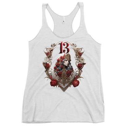 Intricate graphic of a gothic empress adorned with regal headgear, roses, and ornate designs, crowned with the number "13" in bold red gothic font, showcasing Deadpan Couture's edgy streetwear style.