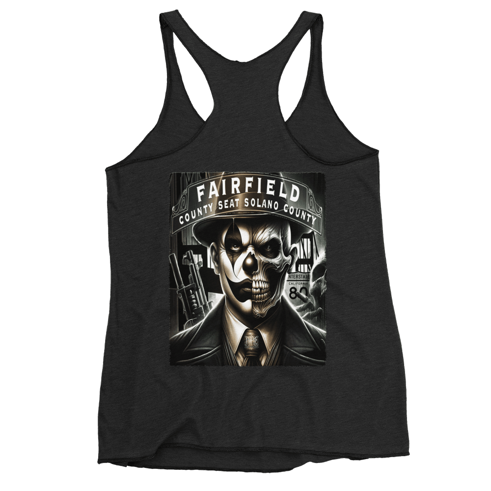 Vintage black racerback tank top with a bold graphic of a skull-faced figure in a suit, titled "Fairfield County Seat Solano County," showcasing Deadpan Couture's edgy streetwear style.