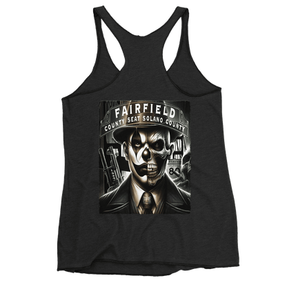 Vintage black racerback tank top with a bold graphic of a skull-faced figure in a suit, titled "Fairfield County Seat Solano County," showcasing Deadpan Couture's edgy streetwear style.