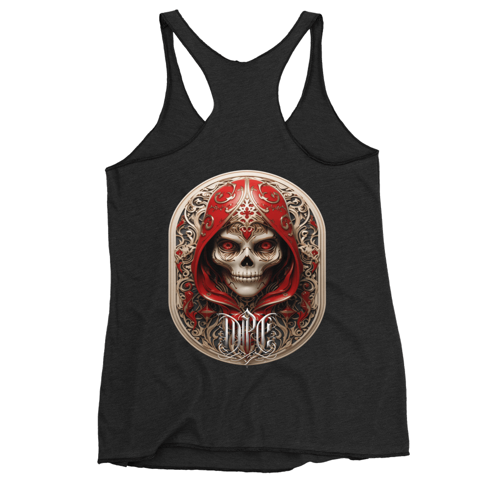 Intricate graphic of a menacing skull adorned with ornate designs and shrouded in a regal red hood, showcasing Deadpan Couture's edgy streetwear style.