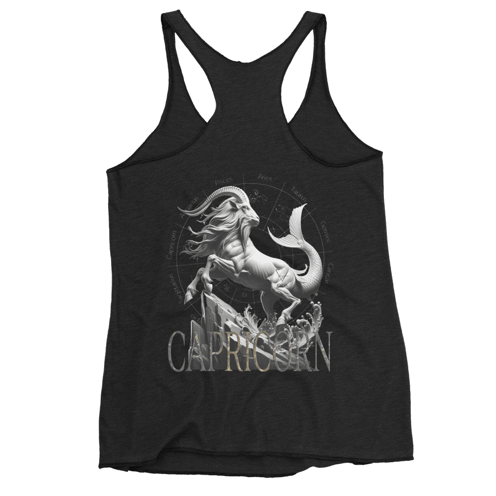 Deadpan Couture Women's Racerback Tank Top in vintage black featuring a detailed Capricorn emblem representing the mythical sea-goat, made from a soft and durable fabric blend for ultimate comfort and style.