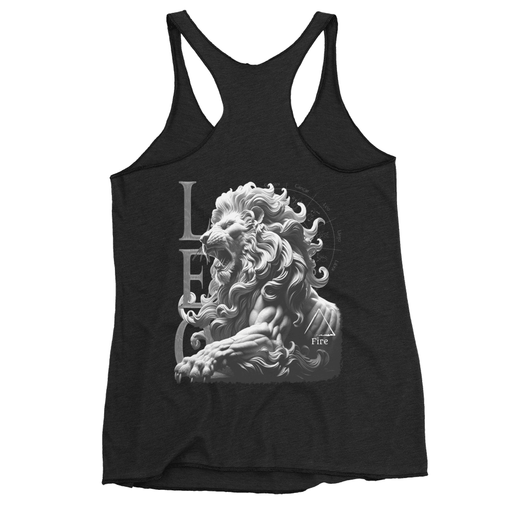 Deadpan Couture Women's Racerback Tank Top in vintage black featuring a bold Leo zodiac design on the back, made from a high-quality fabric blend for ultimate comfort and style.