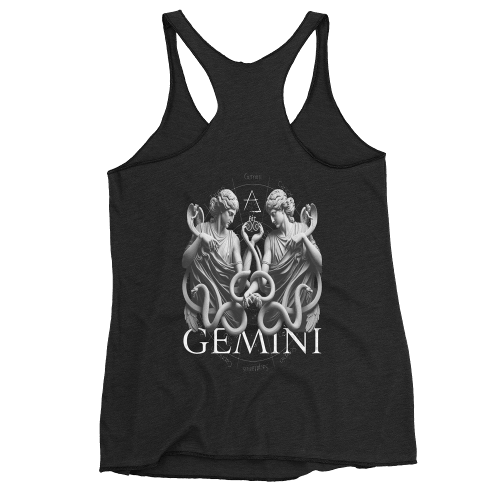 Deadpan Couture Women's Racerback Tank Top in vintage black featuring an intricate Gemini emblem on the front, crafted from a soft fabric blend for a comfortable and stylish fit.