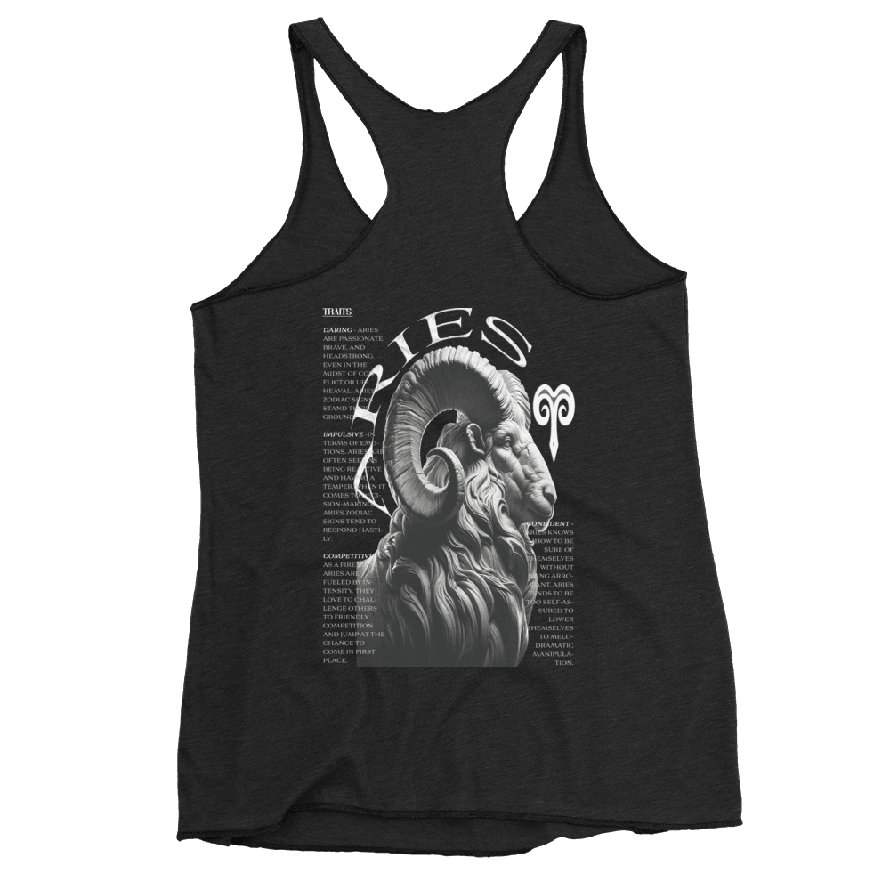 Deadpan Couture Women's Racerback Tank Top in vintage black with a detailed Aries emblem and traits list on the back, crafted from a soft fabric blend for a comfortable and stylish fit.