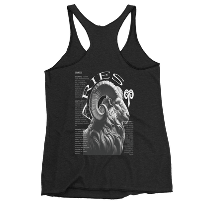 Deadpan Couture Women's Racerback Tank Top in vintage black with a detailed Aries emblem and traits list on the back, crafted from a soft fabric blend for a comfortable and stylish fit.