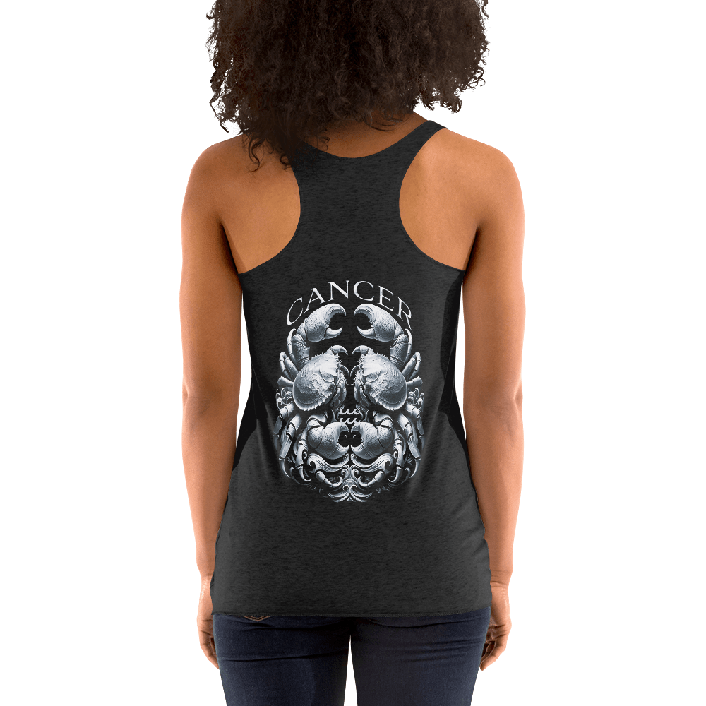 Deadpan Couture Women's Racerback Tank Top in vintage black featuring an intricately detailed Cancer symbol on the back, made from a premium soft fabric blend for a comfortable and stylish fit.