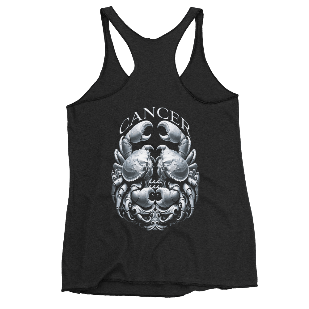 Deadpan Couture Women's Racerback Tank Top in vintage black with a detailed Cancer emblem on the front, crafted from a soft fabric blend for a comfortable and stylish fit.