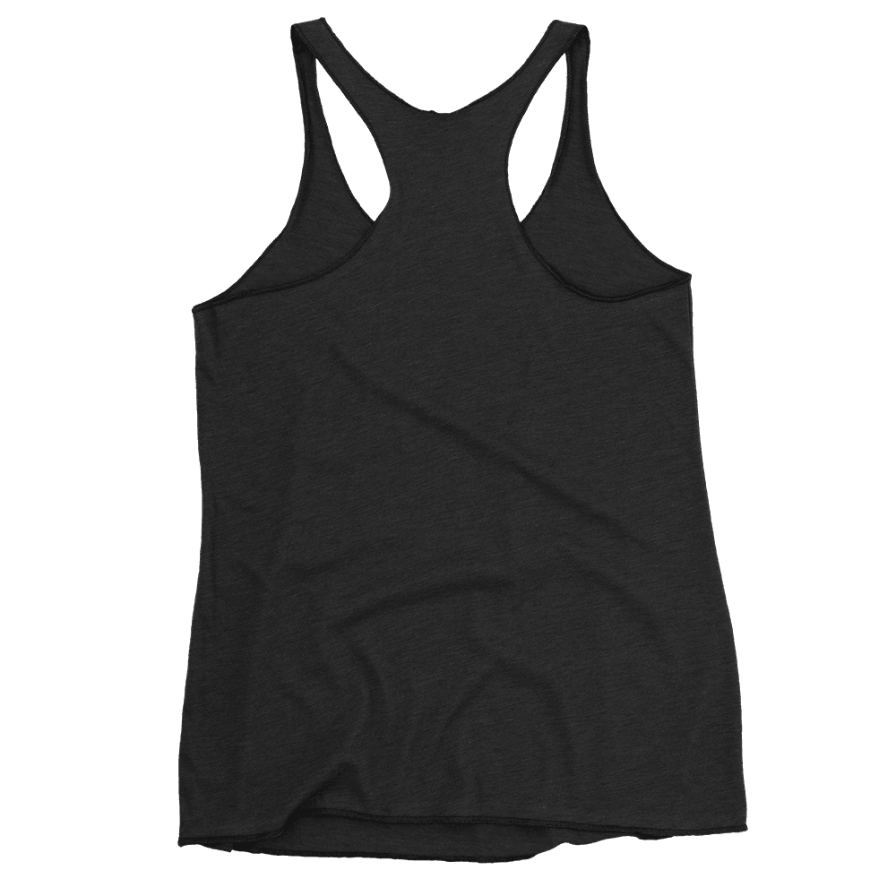 A back view of a black women's racerback tank top. The design is simple and minimalistic, showcasing the racerback style, which is ideal for a comfortable and sporty fit.