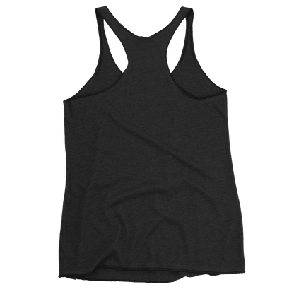 A back view of a black women's racerback tank top. The design is simple and minimalistic, showcasing the racerback style, which is ideal for a comfortable and sporty fit.