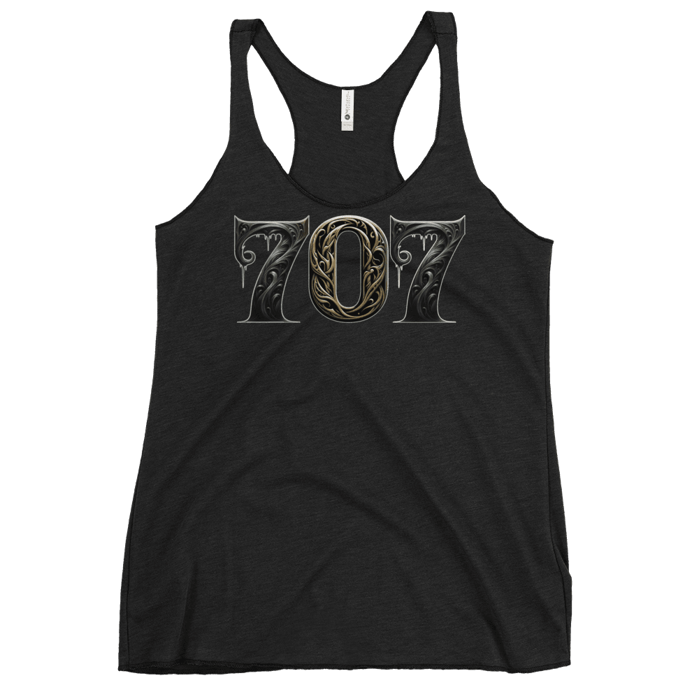 Vintage black racerback tank top featuring a bold "707" graphic on the front, designed with intricate baroque elements, showcasing Deadpan Couture's edgy streetwear style.