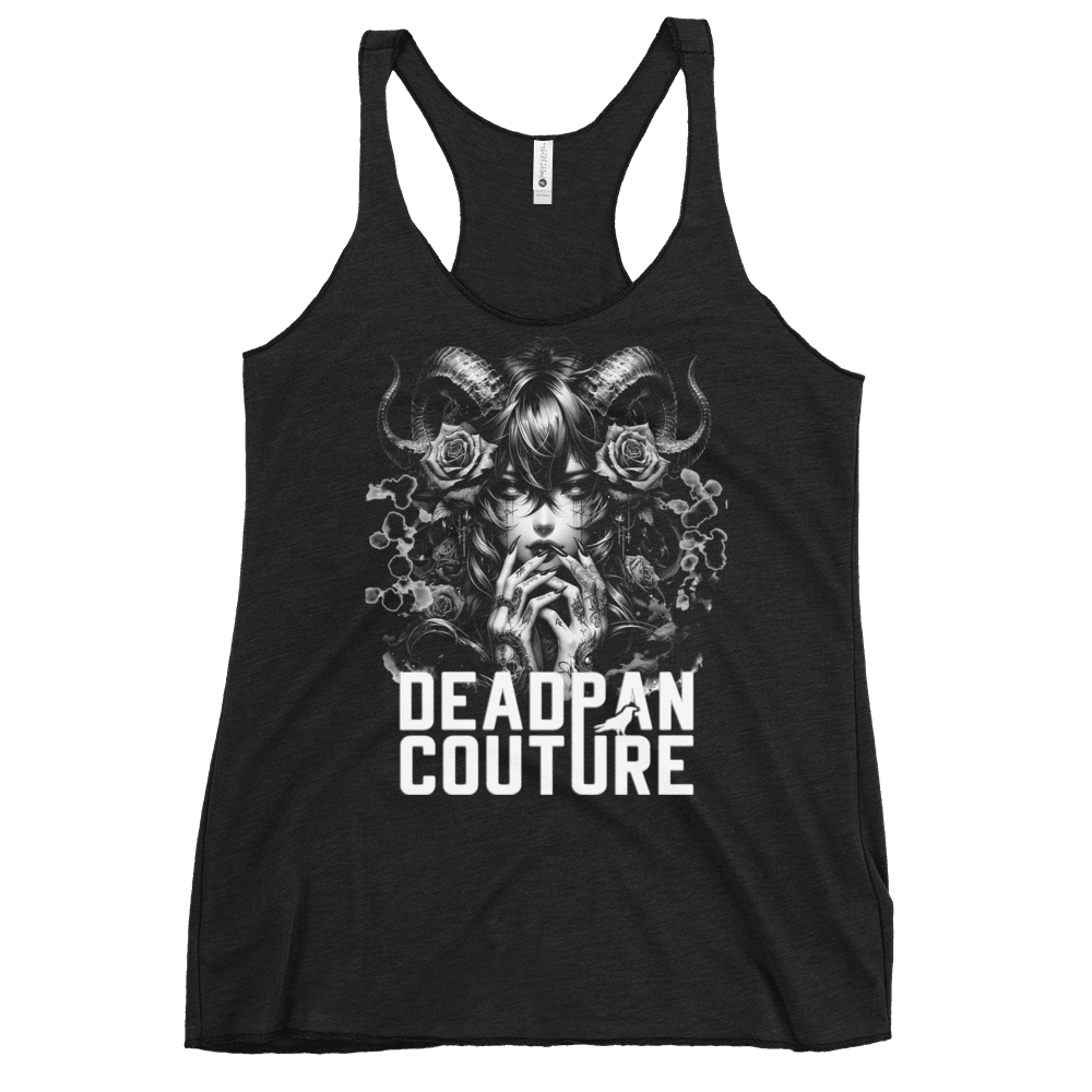 Vintage black racerback tank top featuring a captivating graphic of a mysterious female figure with ram horns and roses, accompanied by bold "Deadpan Couture" text, showcasing Deadpan Couture's edgy streetwear style.