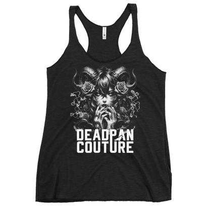 Vintage black racerback tank top featuring a captivating graphic of a mysterious female figure with ram horns and roses, accompanied by bold "Deadpan Couture" text, showcasing Deadpan Couture's edgy streetwear style.