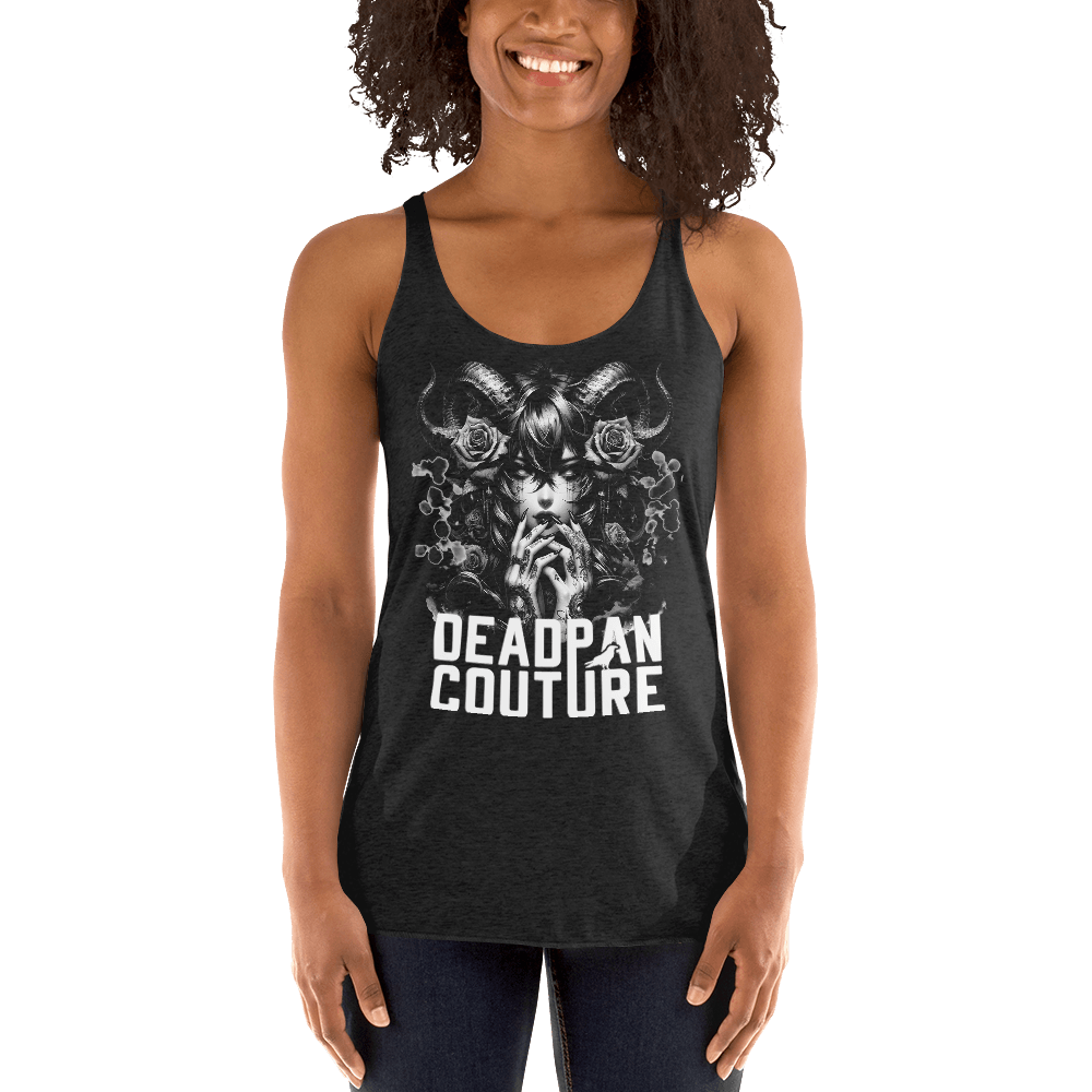 Vintage black racerback tank top featuring a captivating graphic of a mysterious female figure with ram horns and roses, accompanied by bold "Deadpan Couture" text, showcasing Deadpan Couture's edgy streetwear style.