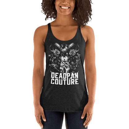 Vintage black racerback tank top featuring a captivating graphic of a mysterious female figure with ram horns and roses, accompanied by bold "Deadpan Couture" text, showcasing Deadpan Couture's edgy streetwear style.