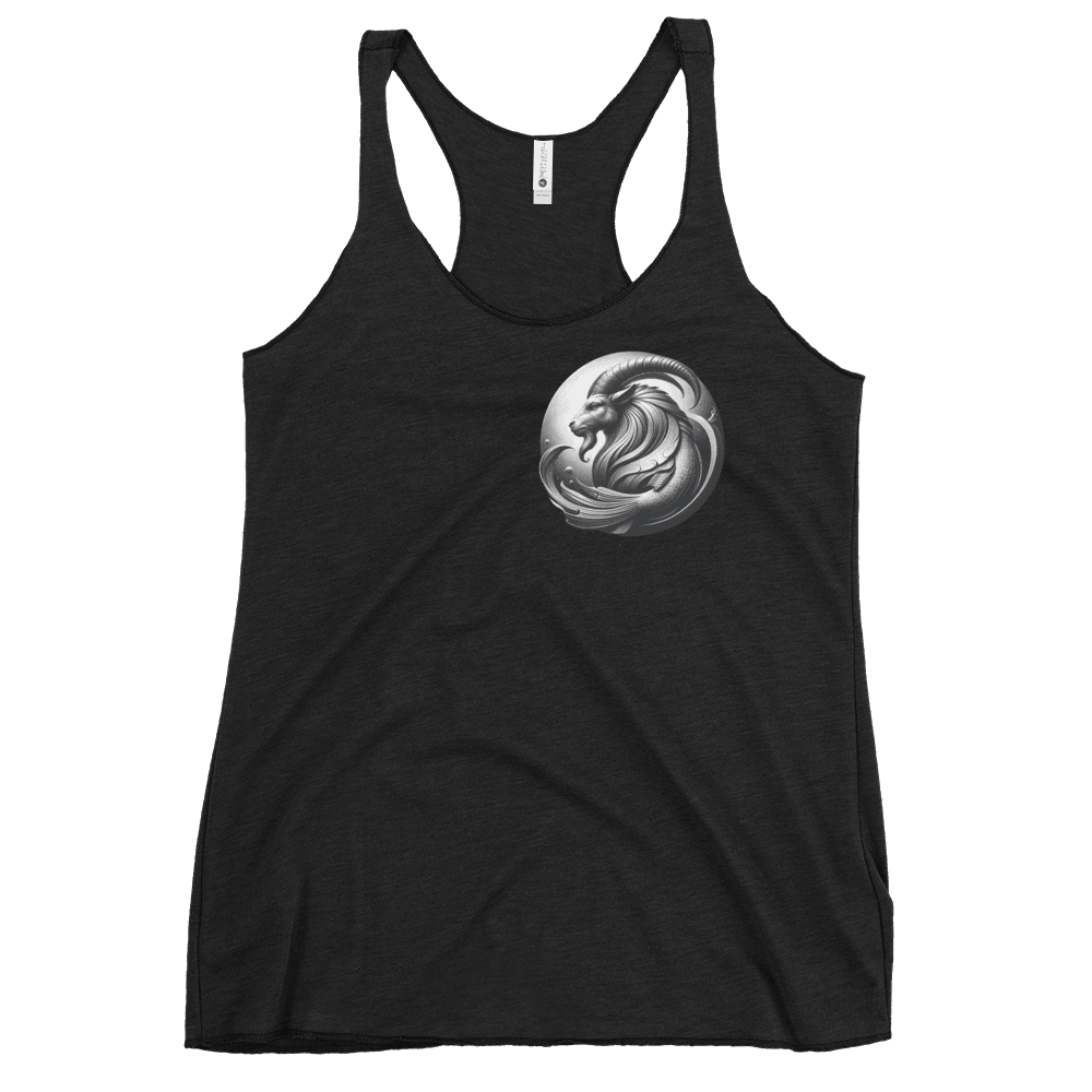 Deadpan Couture Women's Racerback Tank Top in vintage black featuring an elegant Capricorn medallion on the front, made from a high-quality fabric blend for ultimate comfort and style.