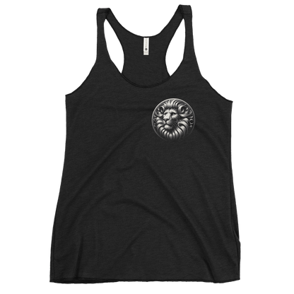 Deadpan Couture Women's Racerback Tank Top in vintage black featuring an intricate Leo emblem on the front, crafted from a soft fabric blend for a comfortable and stylish fit.