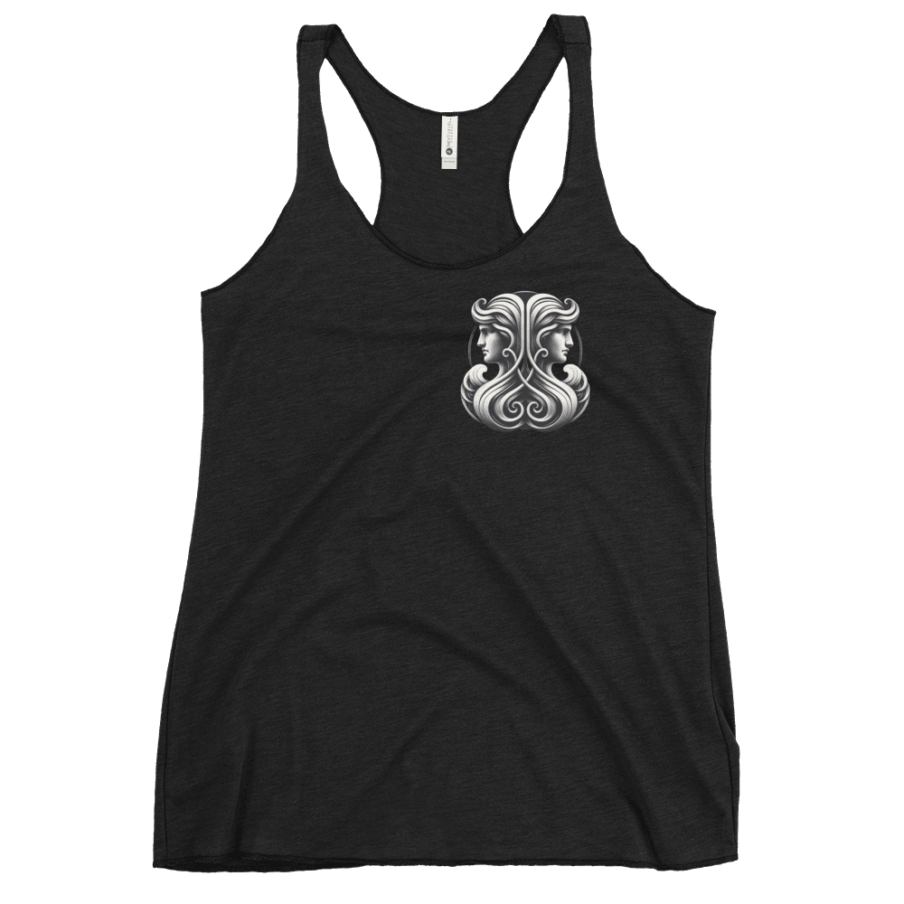 Deadpan Couture Women's Racerback Tank Top in vintage black featuring an intricate Gemini emblem on the front, crafted from a soft fabric blend for a comfortable and stylish fit.