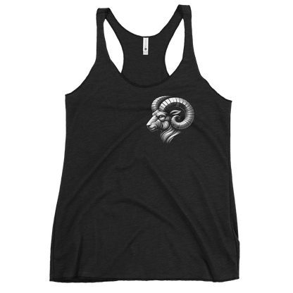 Deadpan Couture Women's Racerback Tank Top in vintage black with a detailed Aries emblem on the front, crafted from a soft fabric blend for a comfortable and stylish fit.