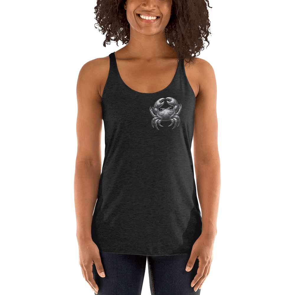 Deadpan Couture Women's Racerback Tank Top in vintage black featuring a subtle and detailed Cancer symbol on the front, made from a premium soft fabric blend for a comfortable and stylish fit.