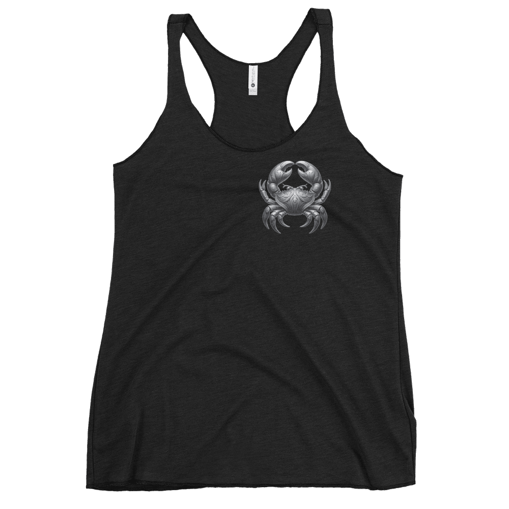 Deadpan Couture Women's Racerback Tank Top in vintage black featuring a detailed Cancer symbol on the front, made from a soft fabric blend for a comfortable and stylish fit.