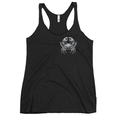 Deadpan Couture Women's Racerback Tank Top in vintage black featuring a detailed Cancer symbol on the front, made from a soft fabric blend for a comfortable and stylish fit.