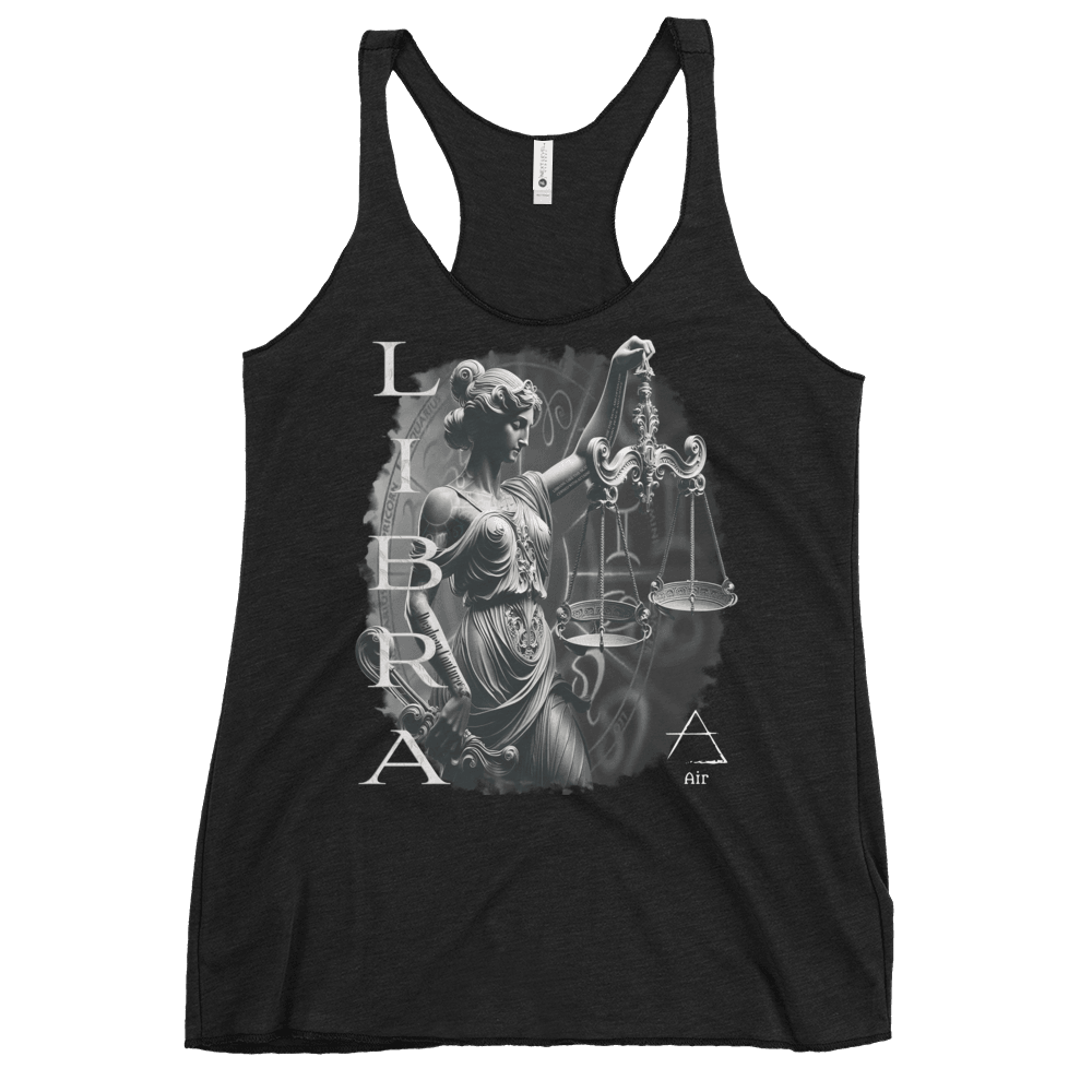 Vintage black women's racerback tank top featuring a detailed graphic of Lady Justice holding scales, representing the Libra zodiac sign.