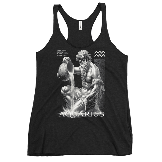 Vintage black women's racerback tank top featuring a detailed graphic of the Water Bearer, representing the Aquarius zodiac sign.