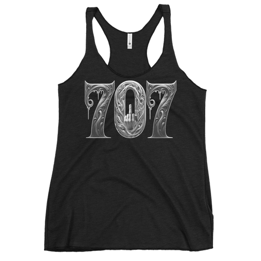 Vintage black women's racerback tank top featuring a bold "707" graphic with an edgy hand gesture in the middle "0."