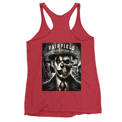 Vintage red racerback tank top with a bold graphic of a skull-faced figure in a suit, titled "Fairfield County Seat Solano County," showcasing Deadpan Couture's edgy streetwear style.