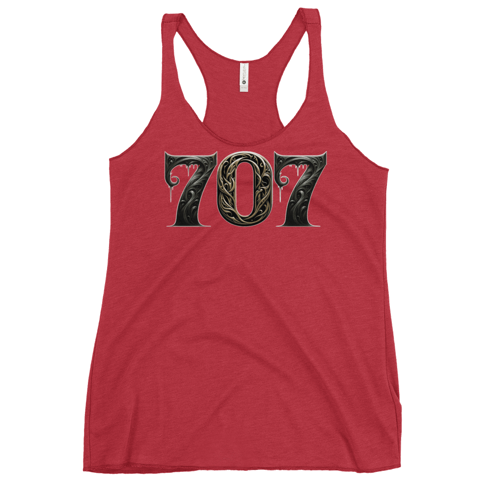 Vintage red racerback tank top featuring a bold "707" graphic on the front, designed with intricate baroque elements, showcasing Deadpan Couture's edgy streetwear style.