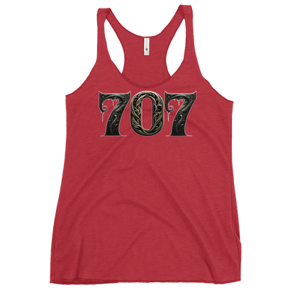 Vintage red racerback tank top featuring a bold "707" graphic on the front, designed with intricate baroque elements, showcasing Deadpan Couture's edgy streetwear style.