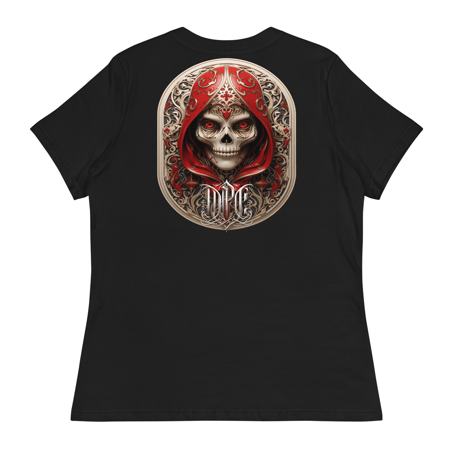 Black relaxed-fit t-shirt featuring an intricate graphic of a menacing skull adorned with ornate designs and shrouded in a regal red hood, showcasing Deadpan Couture's edgy streetwear style.