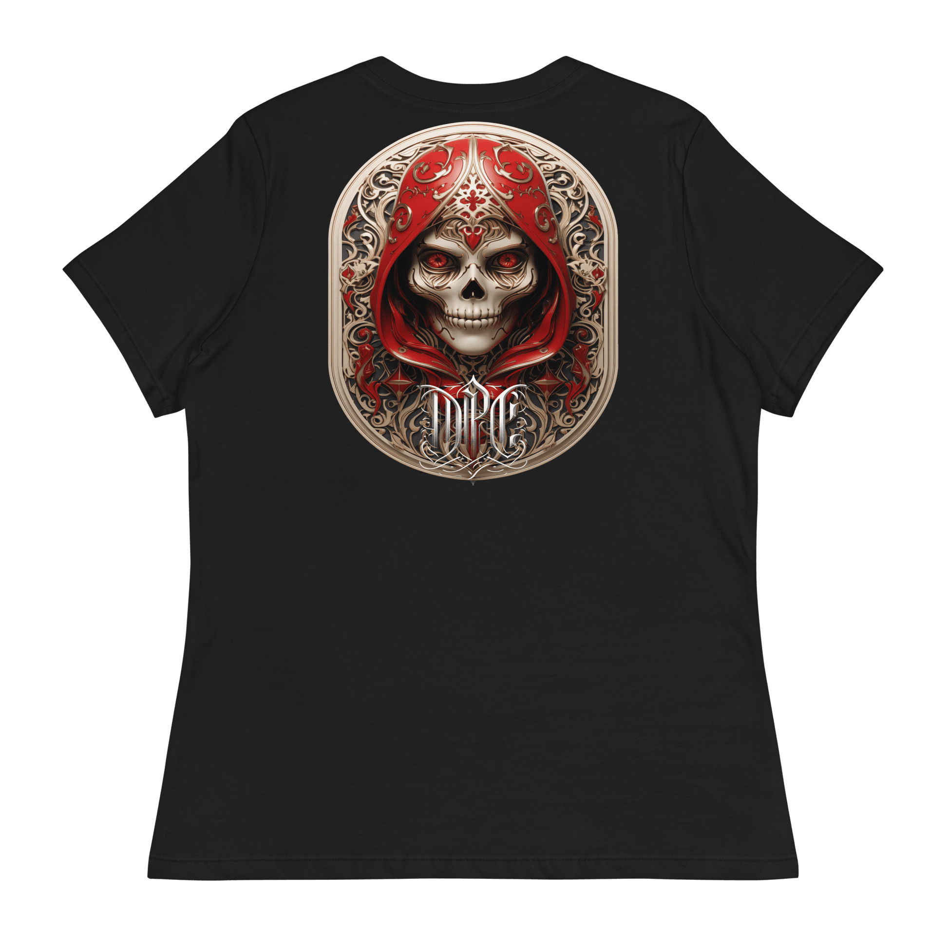 Black relaxed-fit t-shirt featuring an intricate graphic of a menacing skull adorned with ornate designs and shrouded in a regal red hood, showcasing Deadpan Couture's edgy streetwear style.