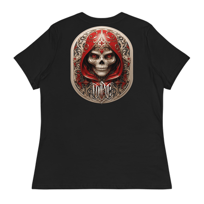 Black relaxed-fit t-shirt featuring an intricate graphic of a menacing skull adorned with ornate designs and shrouded in a regal red hood, showcasing Deadpan Couture's edgy streetwear style.