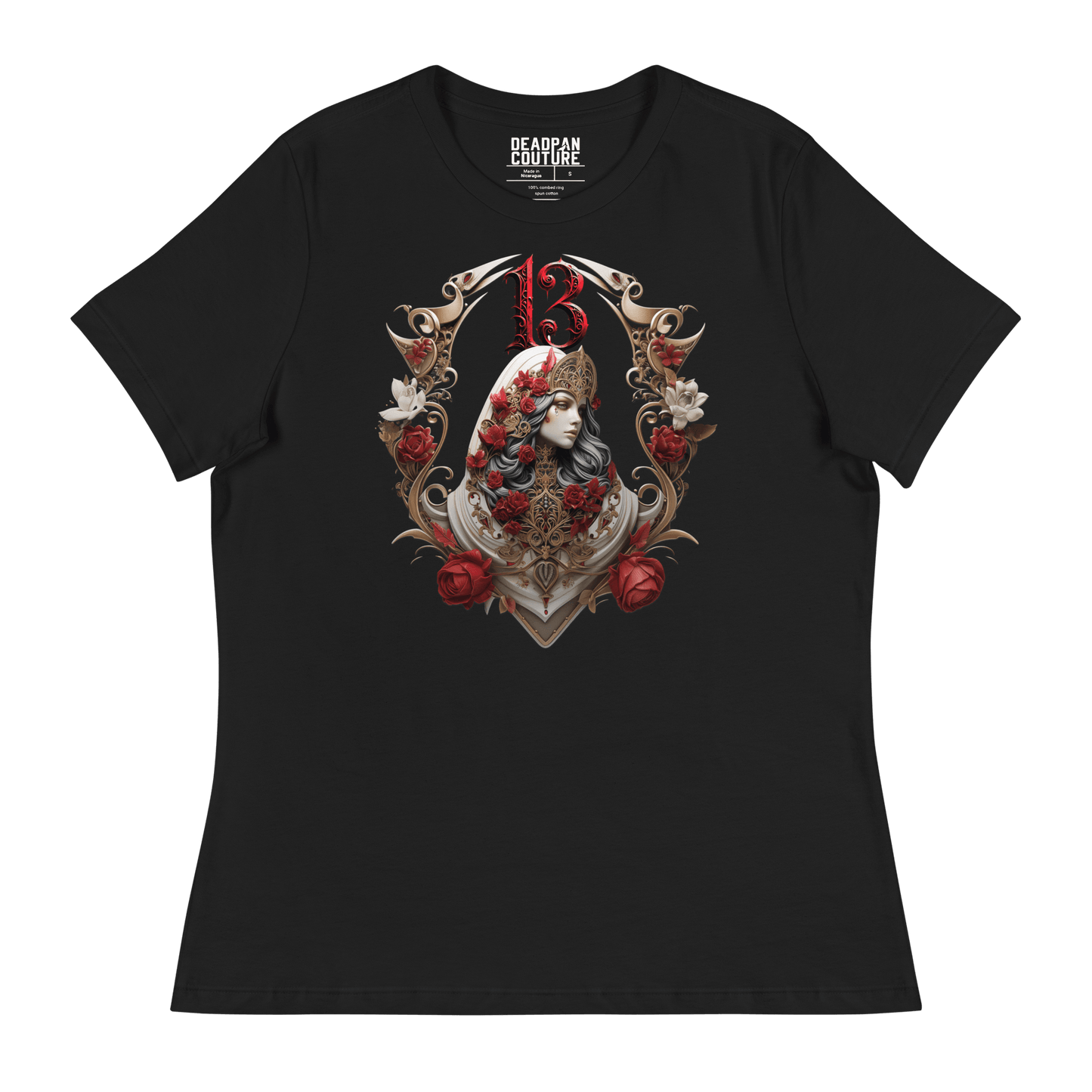 Black relaxed-fit t-shirt featuring an intricate graphic of a gothic empress adorned with regal headgear and roses, crowned with the number "13" in bold red gothic font, showcasing Deadpan Couture's edgy streetwear style.