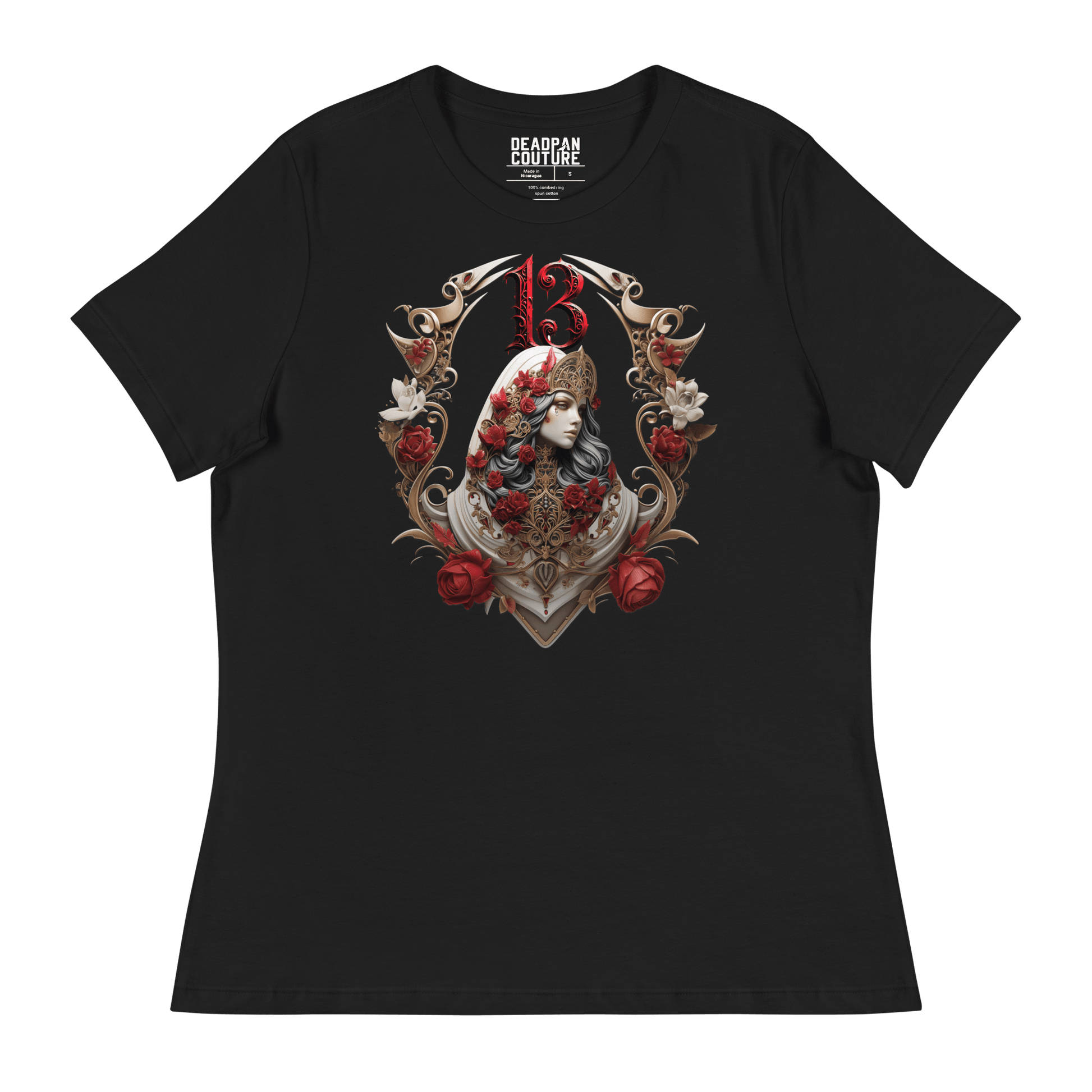 Black relaxed-fit t-shirt featuring an intricate graphic of a gothic empress adorned with regal headgear and roses, crowned with the number "13" in bold red gothic font, showcasing Deadpan Couture's edgy streetwear style.